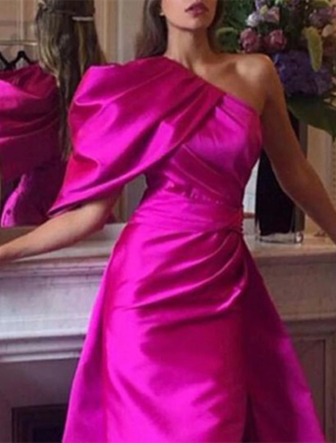 Vestido de noche de sirena/trompeta, sexy, de verano, con cola de corte, sin mangas, un hombro, para recepción de boda en otoño, de satén con abertura fruncida