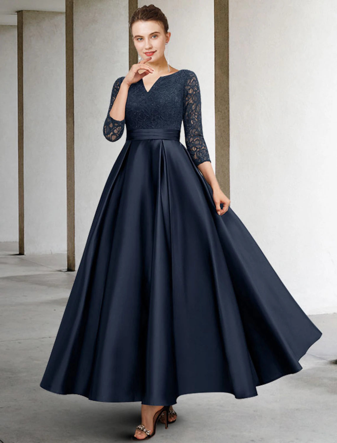 Dark Navy Satin A-Line V-Neck Floor-Length Evening Dress with Lace Bodice
