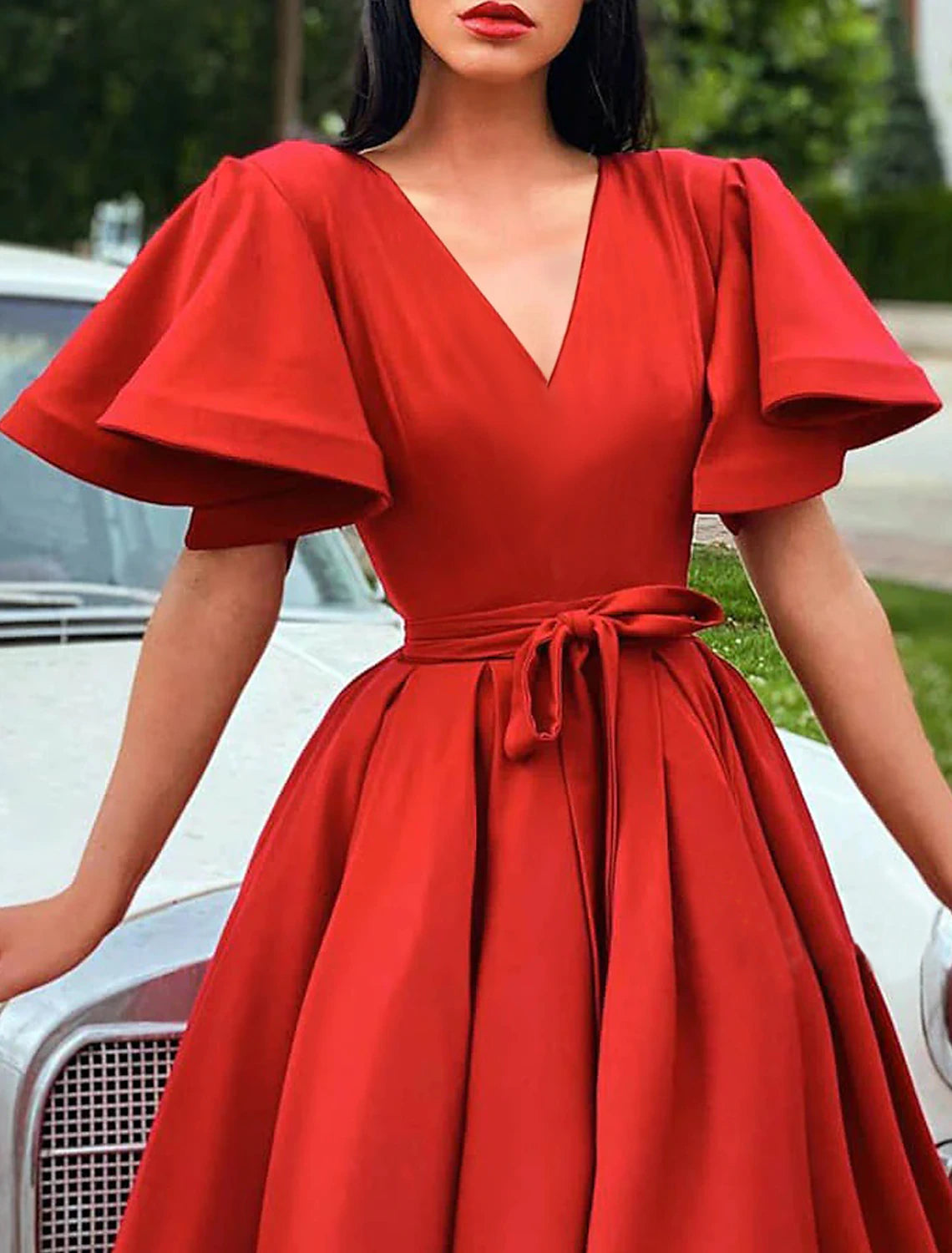 A-Line Cocktail Party Dress Christmas Red Green Dress Elegant Dress Wedding Guest Fall Tea Length Short Sleeve V Neck Satin with Pleats Strappy