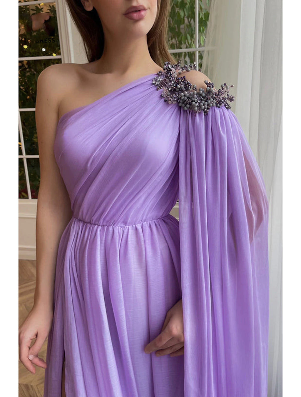 Lavender Chiffon A-Line One Shoulder Floor-Length Bridesmaid Dress with Draped Bodice, High Slit, and Embellished Shoulder