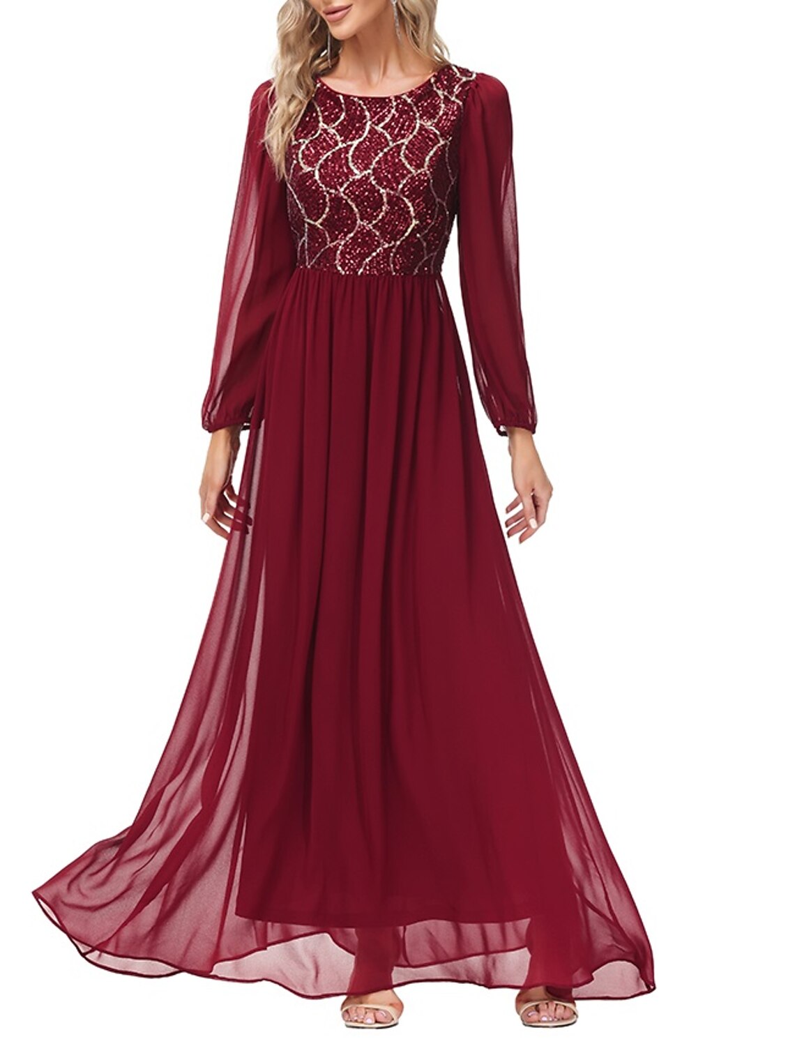 Abito da sera a trapezio, stile impero, da festa, da invitare a nozze, lungo fino al pavimento, manica lunga, scollo gioiello, in chiffon, schiena a V con paillettes