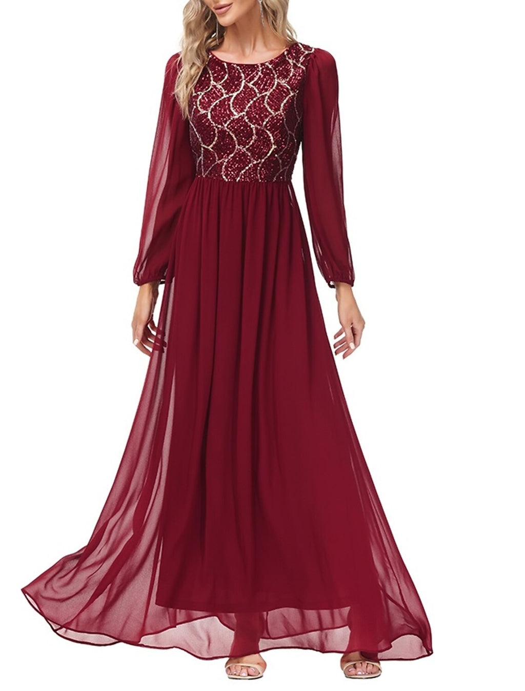 Burgundy Chiffon A-Line Floor-Length Evening Dress with Sequin Bodice