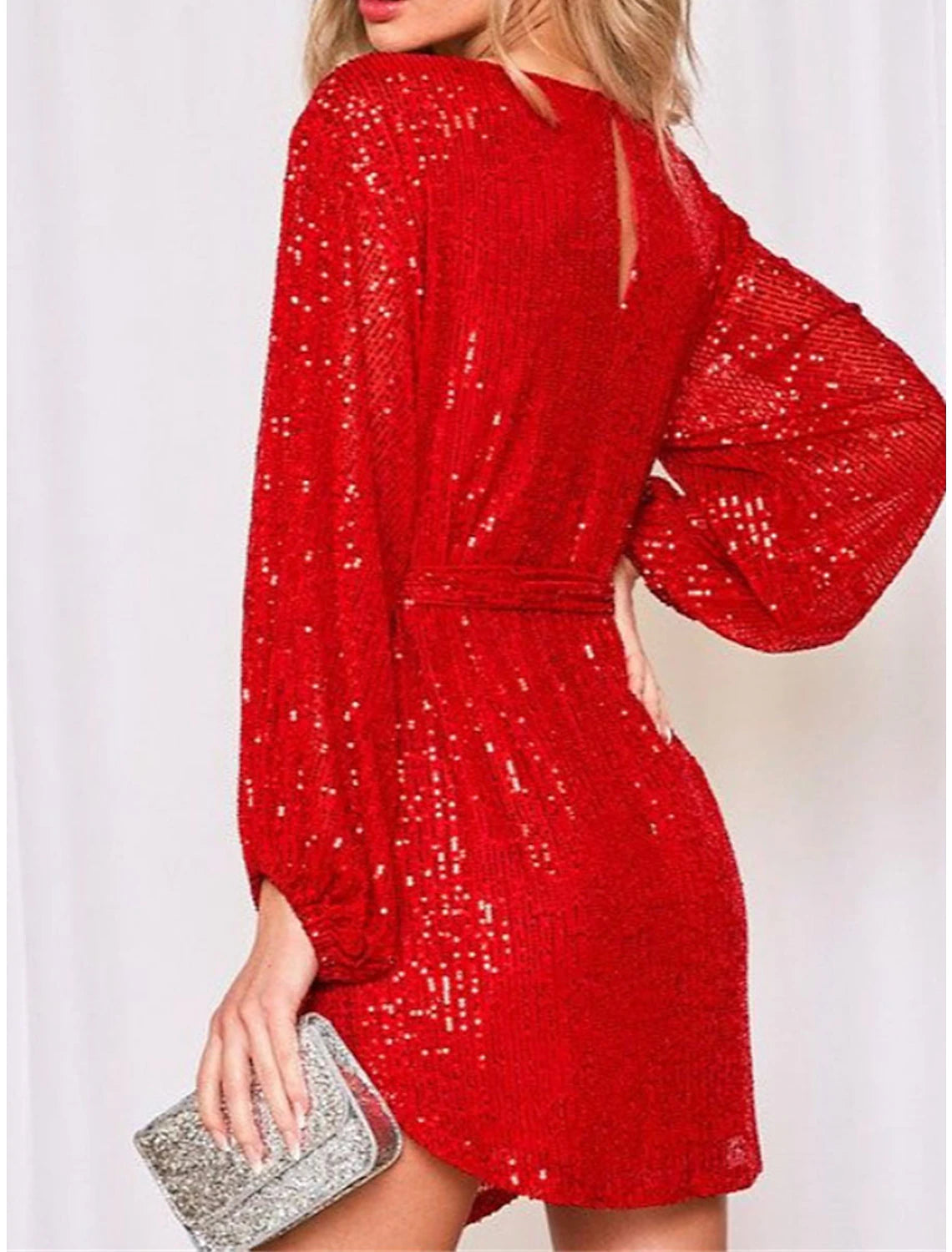 Abito da donna con paillettes, abito da festa, abito da ballo, miniabito, argento, nero, bianco, manica lunga, colore puro, con lacci, autunno, inverno, girocollo, rosso, abito per San Valentino, abito invernale, San Valentino, matrimonio