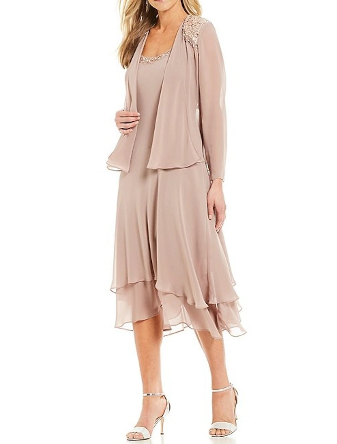 Abito da cerimonia per la madre della sposa in due pezzi, a trapezio, elegante, in chiffon, con scollo gioiello, lunghezza tè, maniche lunghe, con perline e volant a cascata