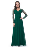 Forest Green Chiffon A-Line Floor-Length Bridesmaid Dress with Pleated Bodice & Lace Sleeves