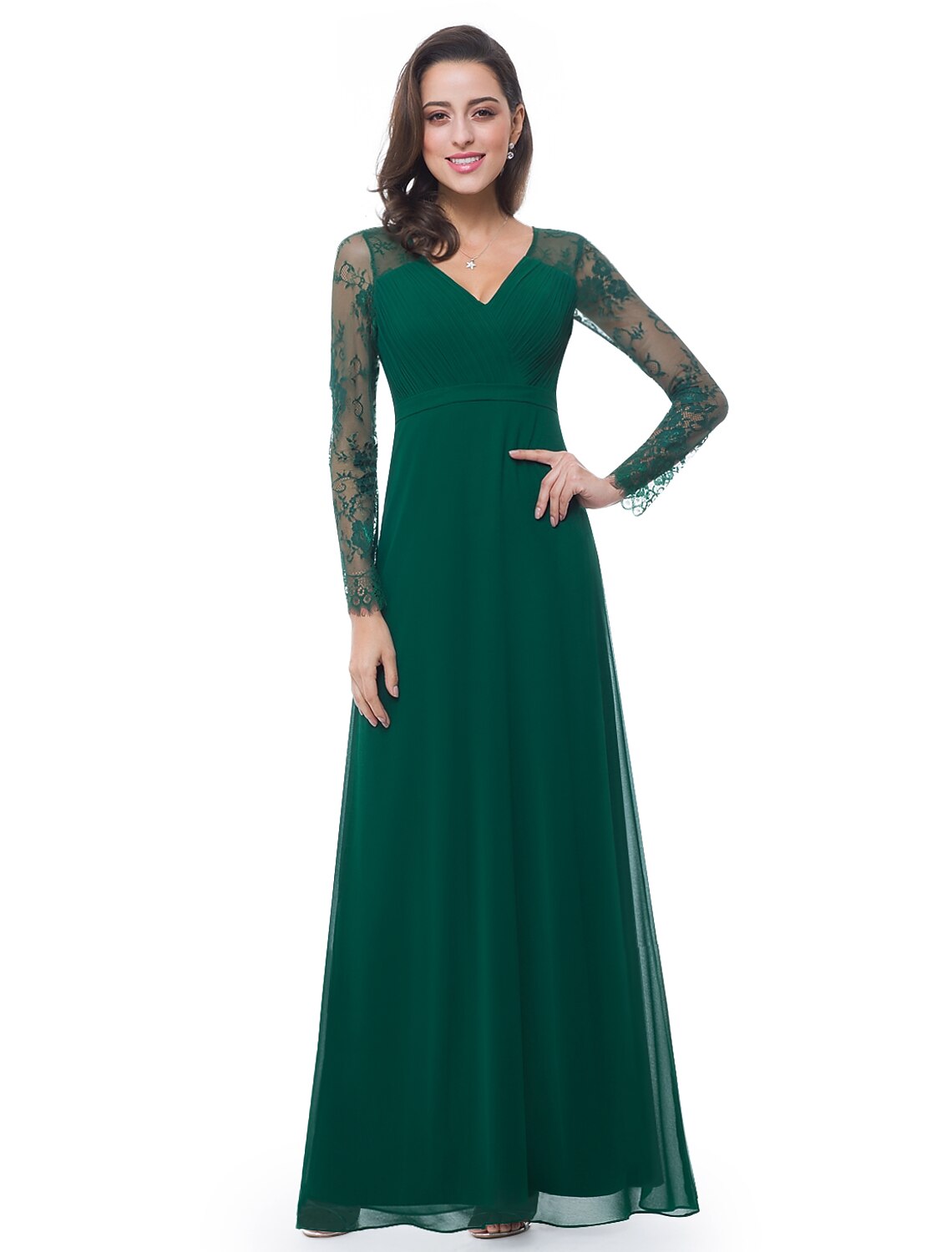 Forest Green Chiffon A-Line Floor-Length Bridesmaid Dress with Pleated Bodice & Lace Sleeves