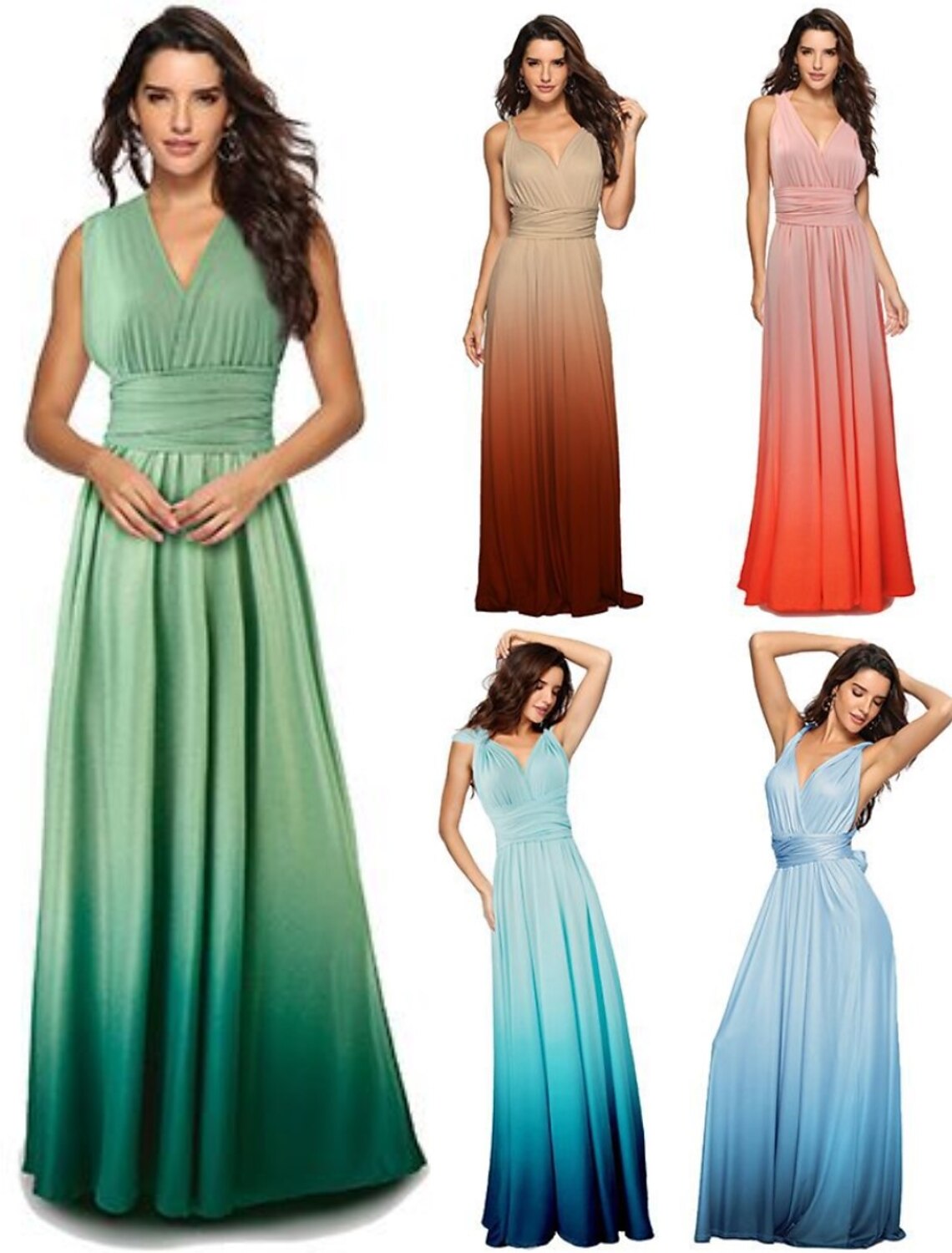 Green Jersey A-Line Floor-Length Bridesmaid Dress with Ruched V-Neck and Ombre Skirt