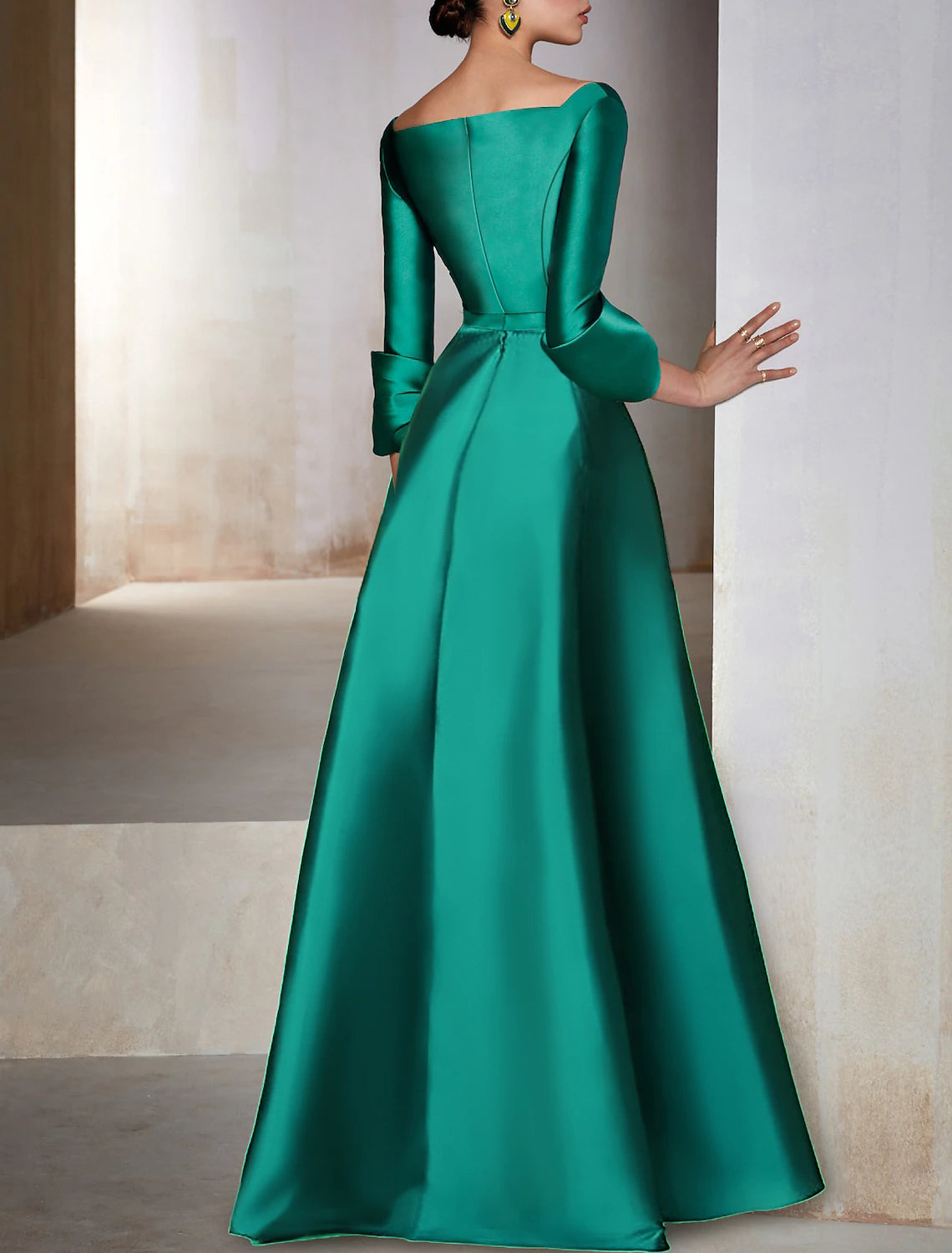 Emerald Satin V-Neck A-Line Floor-Length Evening Gown with High Slit