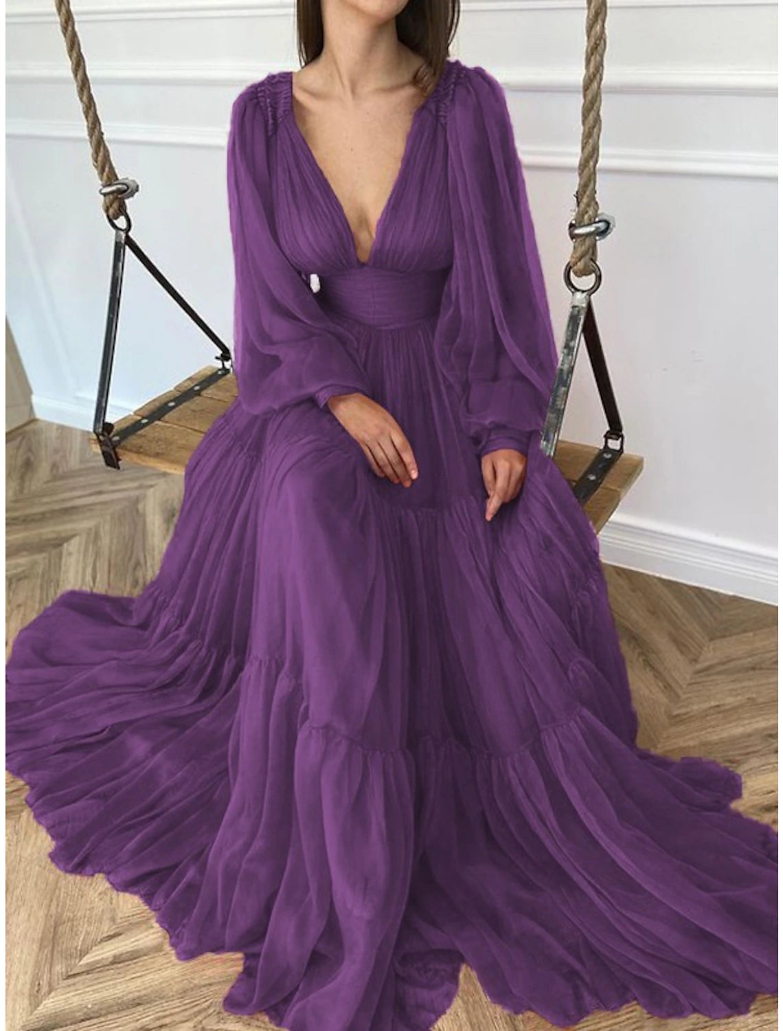 Orange Chiffon A-Line Floor-Length Evening Dress with Voluminous Puff Sleeves and Tiered Skirt