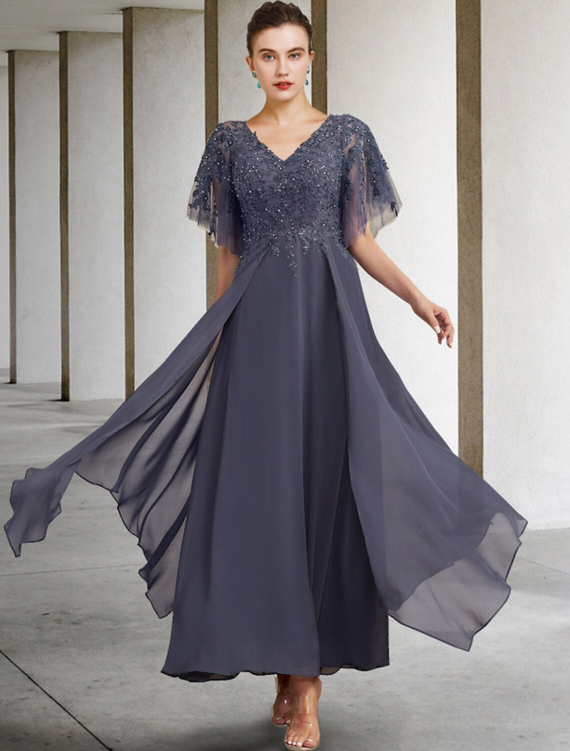 Abito da madre della sposa a trapezio, taglie forti, con scollo a V, elegante, lunghezza alla caviglia, in chiffon, pizzo, maniche corte, con applicazioni di perline e paillettes