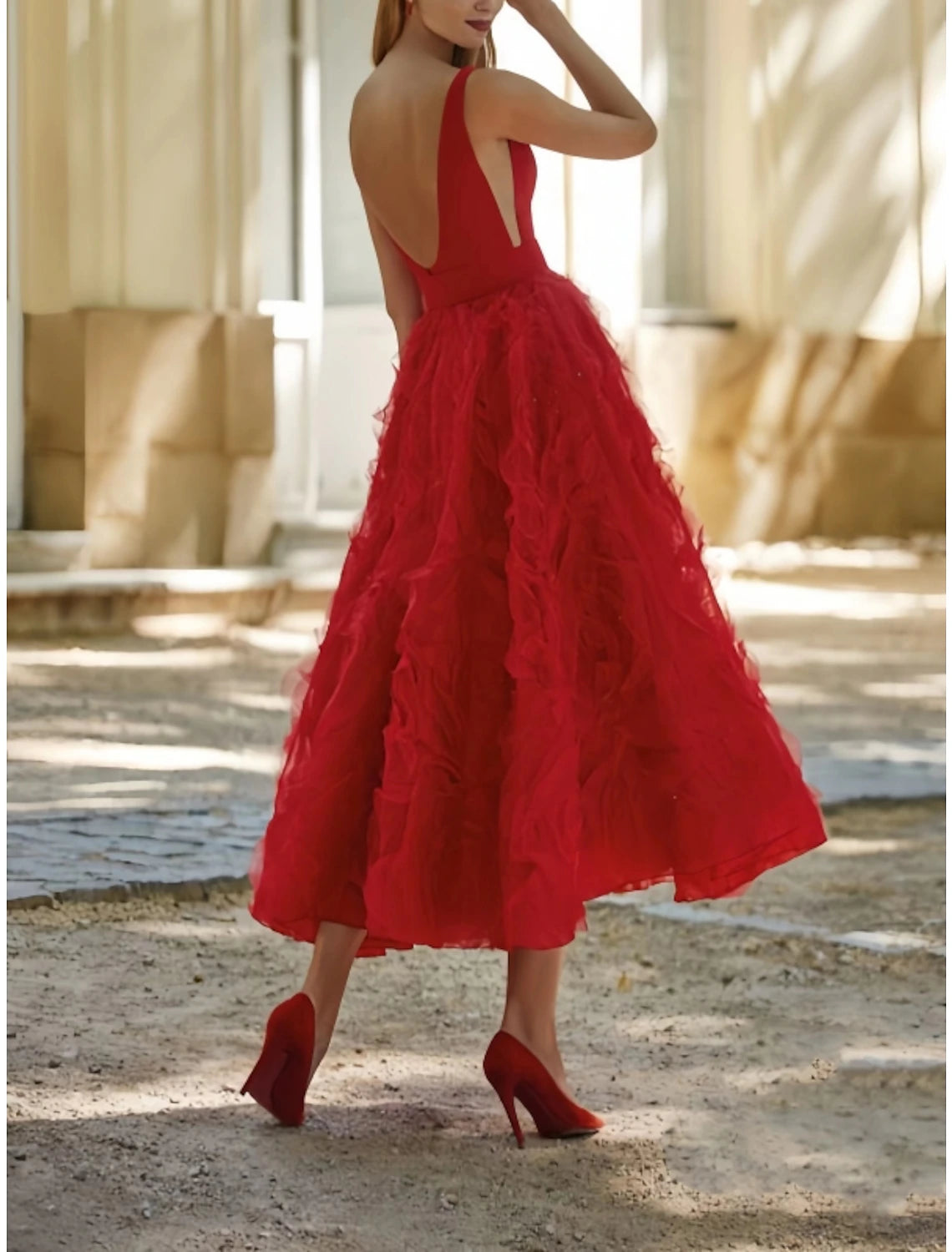 Abito da sera a trapezio, elegante, da cerimonia, per invitati a nozze, per compleanni, lunghezza tè, senza maniche, scollo a V, cintura/fascia in pizzo con pieghe