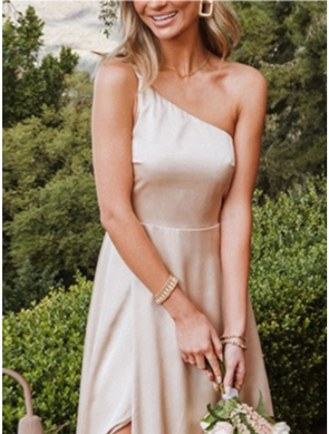 Champagne Satin A-Line One Shoulder Floor-Length Bridesmaid Dress with High Slit
