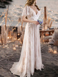 Ivory Lace A-Line Floor-Length Dress with V-Neck and Flutter Sleeves
