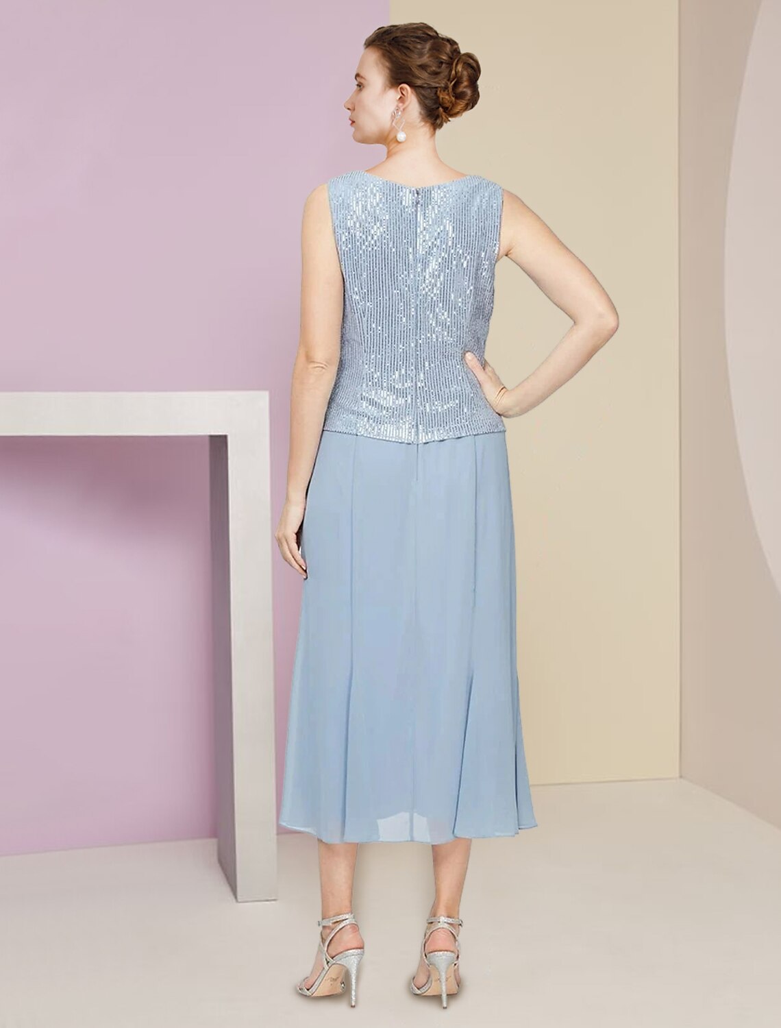 Vestido de dos piezas de corte A para madre de la novia, para invitada de boda, de invierno, con chaqueta, manga 3/4, escote redondo, largo hasta la rodilla, de gasa, con lentejuelas, plisado, lentejuelas, color liso, brillo y brillo, talla pequeña.