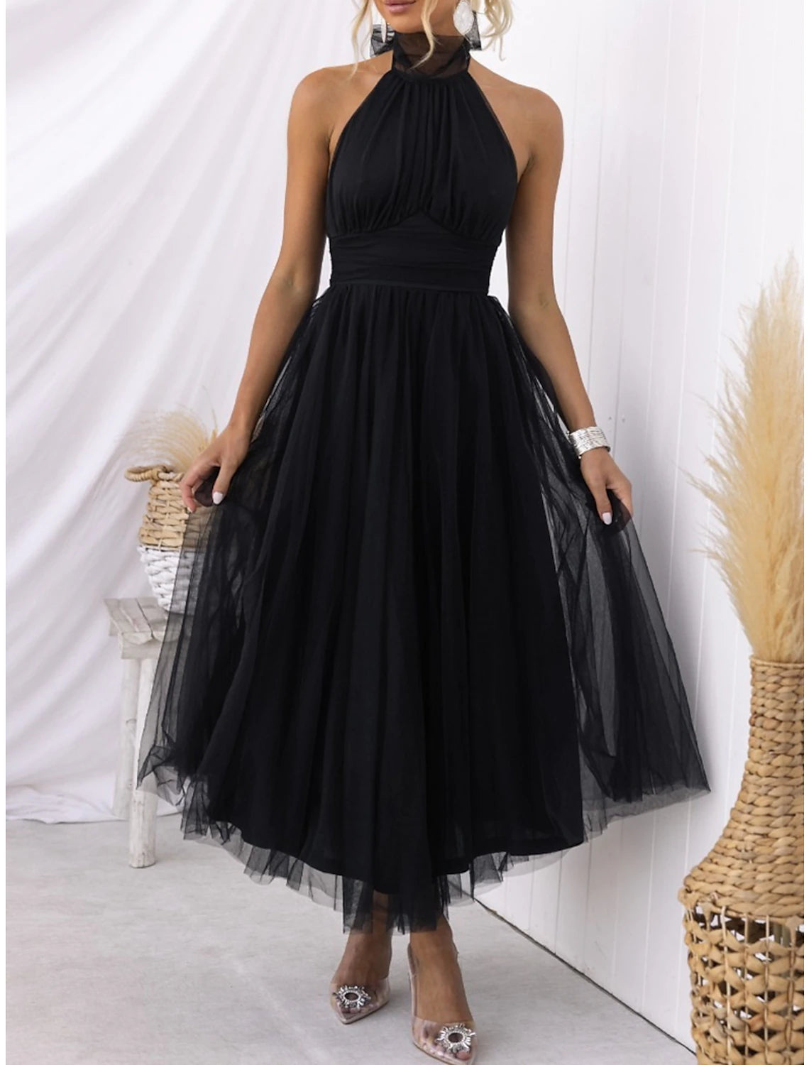 Women's Prom Dress Party Dress Homecoming Dress Long Dress Maxi Dress Black White Yellow Sleeveless Pure Color Mesh Summer Spring Halter Neck Fashion Evening Party Wedding Guest Vacation