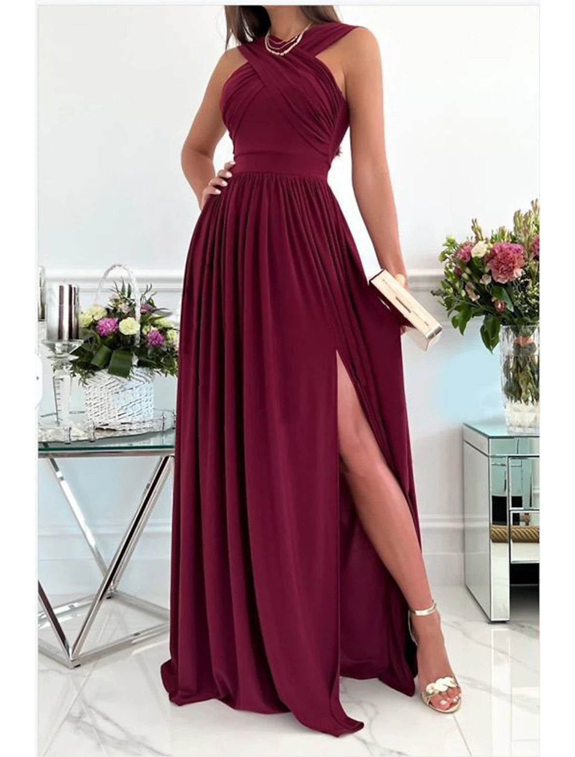 Burgundy Chiffon A-Line Halter neckline Floor-Length Bridesmaid Dress