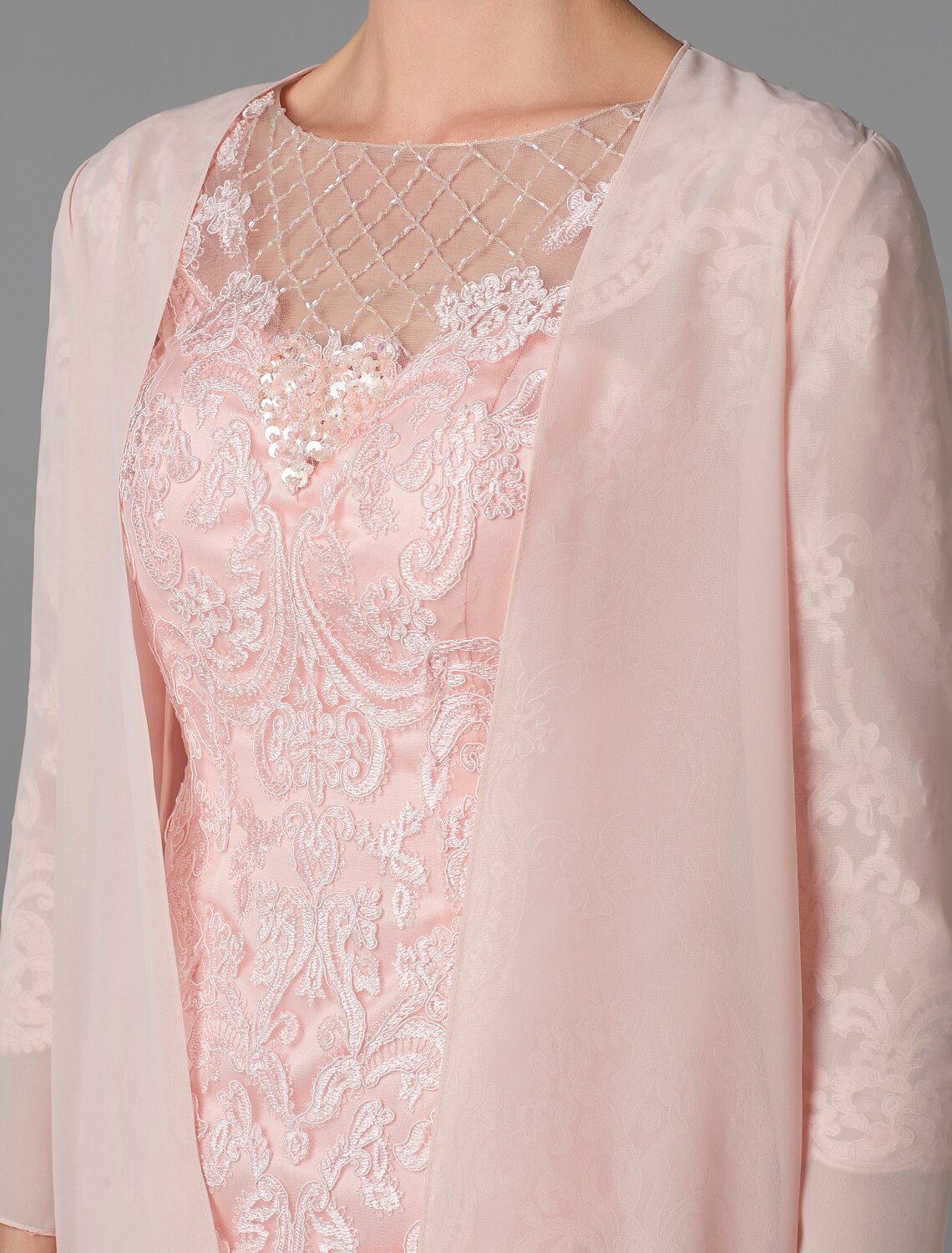 Vestido de madre de la novia de dos piezas, estilo tubo/columna, con brillo y brillo, cuello joya, largo hasta la rodilla, de gasa, con encaje, mangas 3/4, chaqueta y apliques de cuentas.