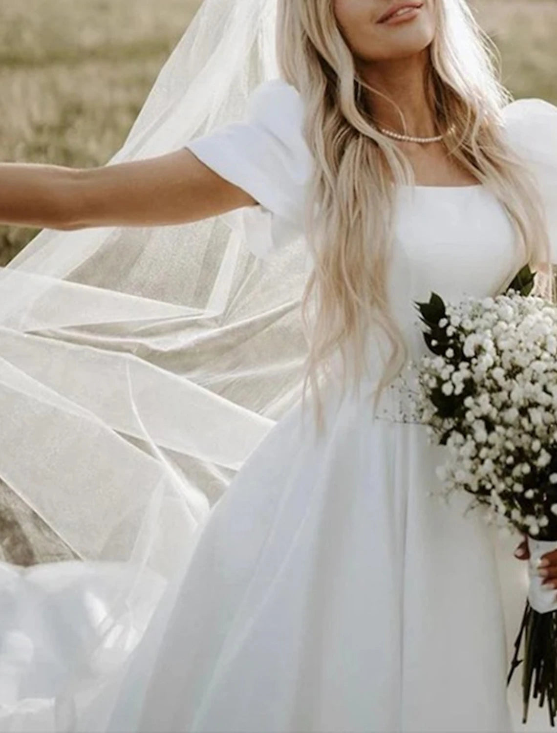 Vestidos de novia formales, vestido de baile, escote cuadrado, manga corta, cola capilla, vestidos de novia de satén con color sólido