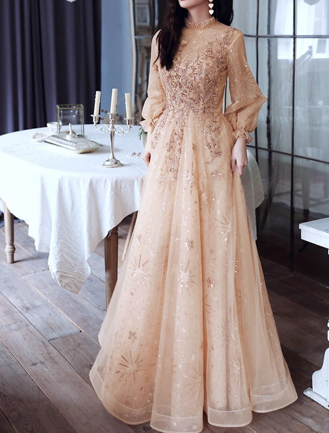 Vestido de noche formal de compromiso elegante con corte A brillante, cuello alto, manga larga, largo hasta el suelo, de tul con lentejuelas