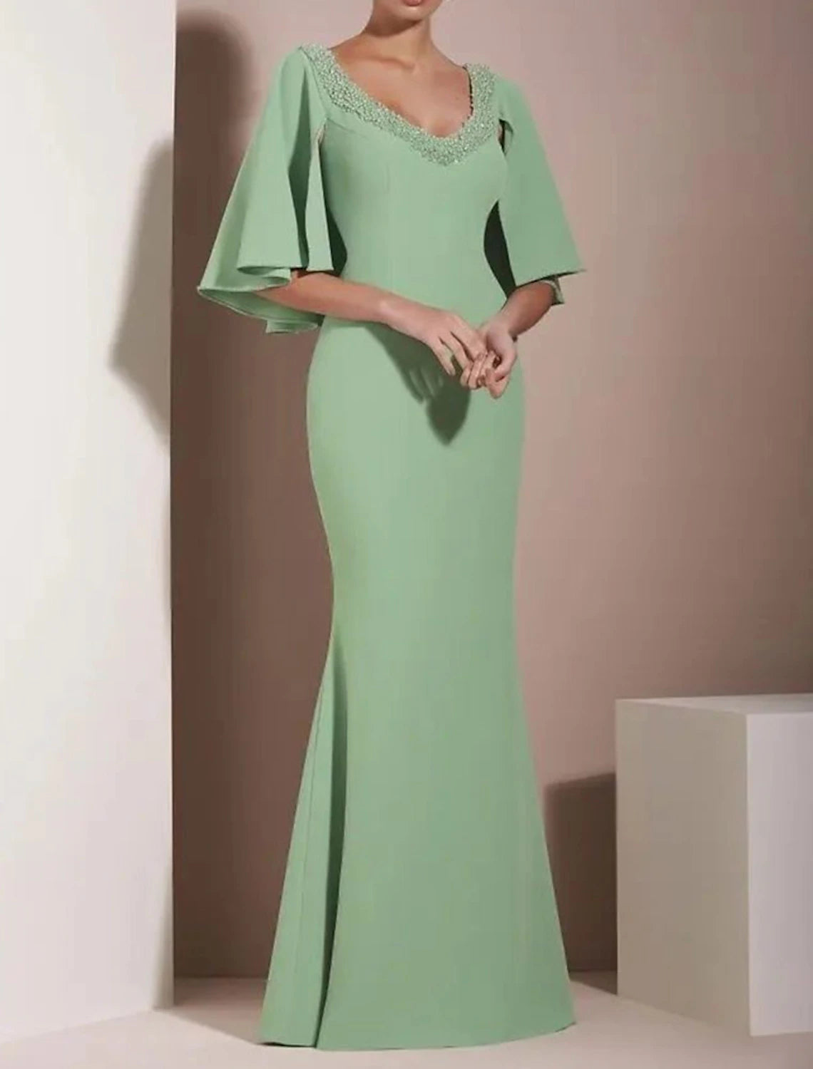 Mermaid / Trumpet Wedding Guest Dresses Minimalist Dress Wedding Party Black Tie Floor Length Half Sleeve V Neck  Fabric with Fringe 2025