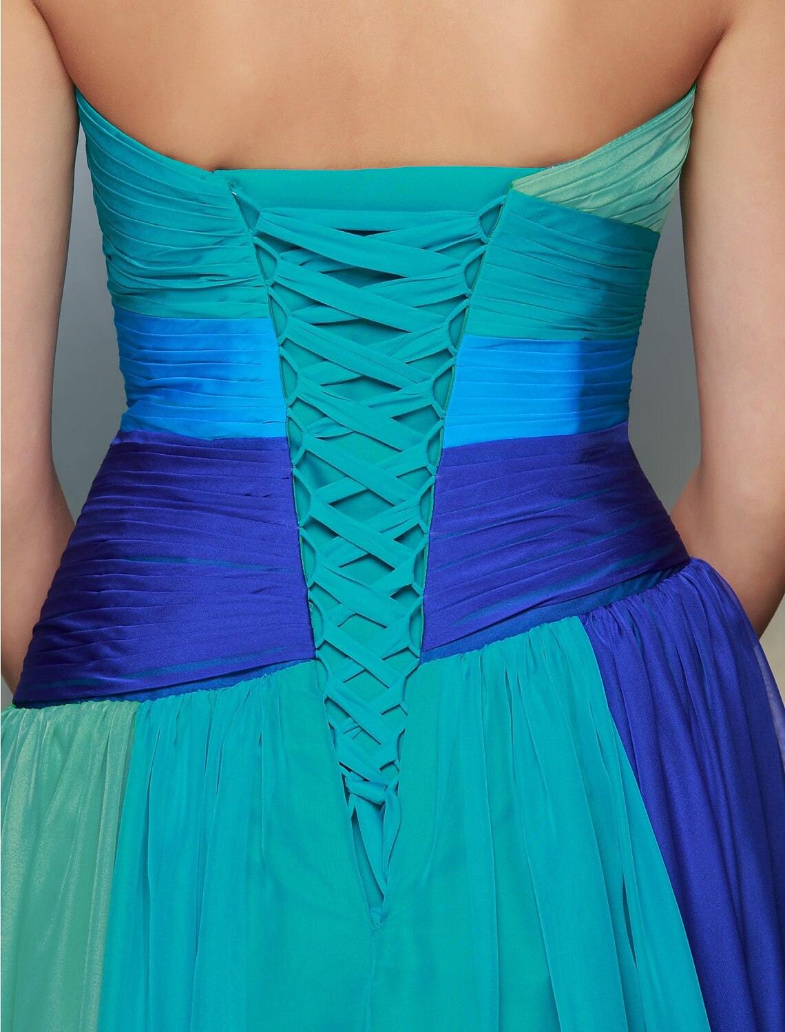 Blue Chiffon A-Line Floor-Length Evening Dress with Ruched Bodice and Draped Waistband