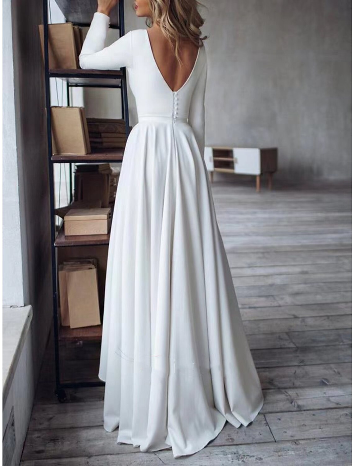 Abito da sera a trapezio con schiena scoperta, abito da cerimonia per invitati a nozze, asimmetrico, manica lunga, scollo gioiello, tessuto con bottoni e pieghe 2025