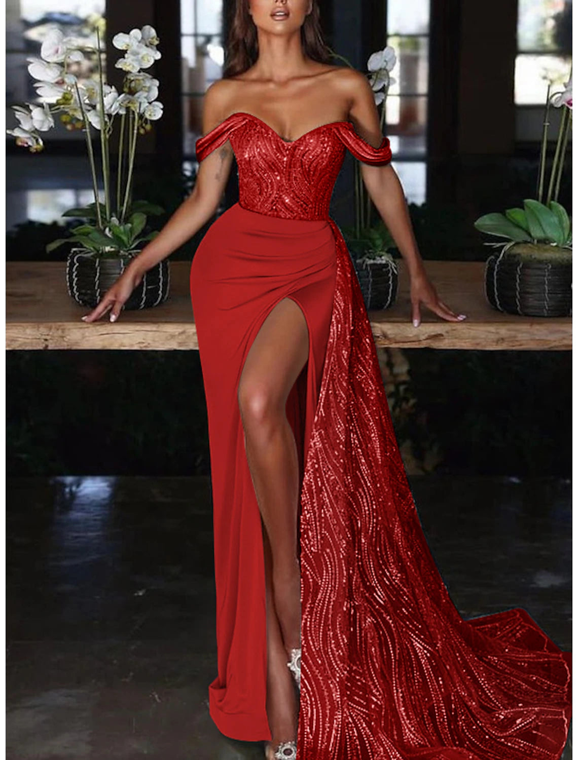 Vestido de sirena, vestido de noche, vestido rojo verde, vestido formal de boda, invitado, cola de corte, sin mangas, hombros descubiertos, charmeuse con abertura de lentejuelas fruncidas