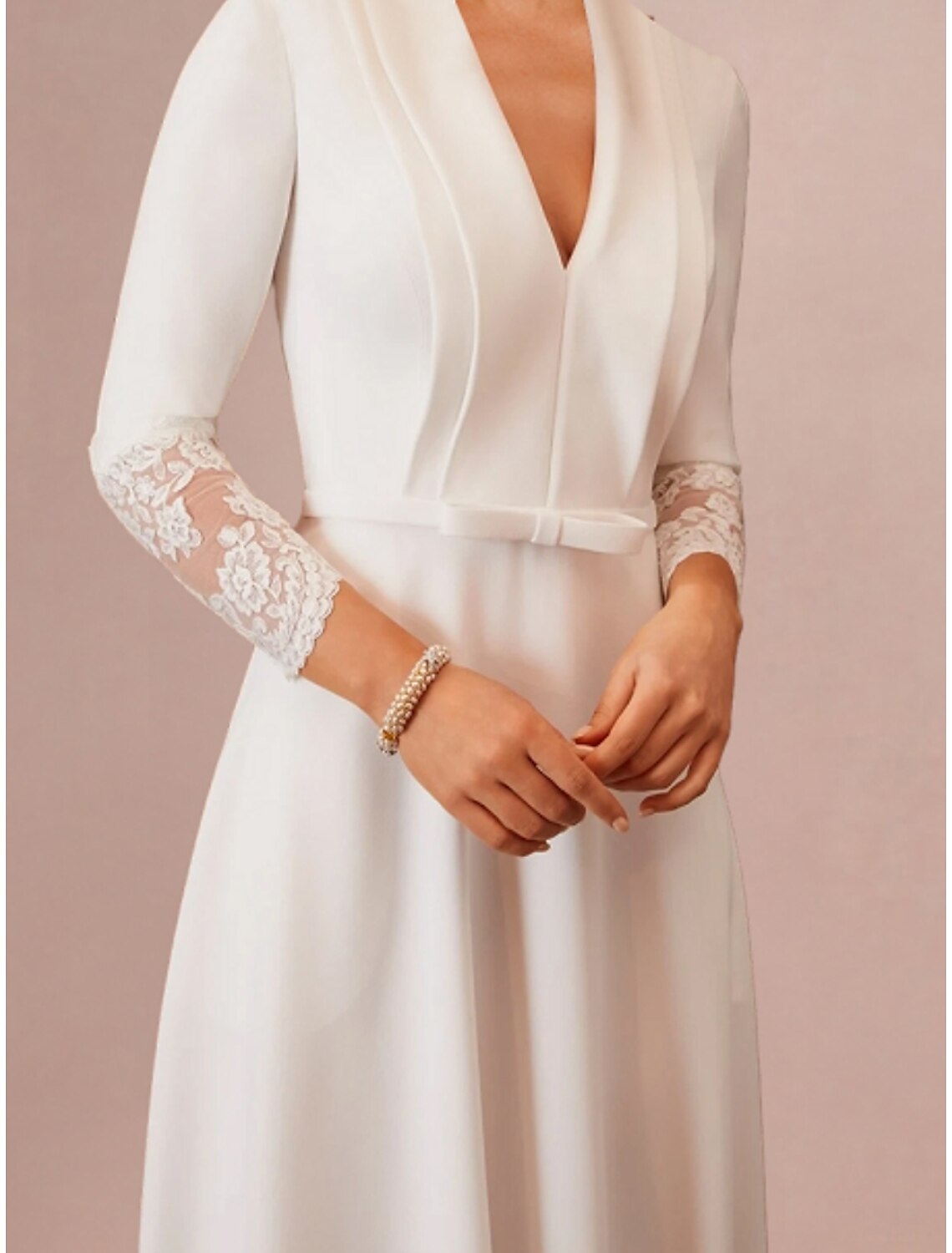 Ivory Crepe A-Line Tea-Length V-Neck Dress with Pleated Bodice & Lace Cuffs