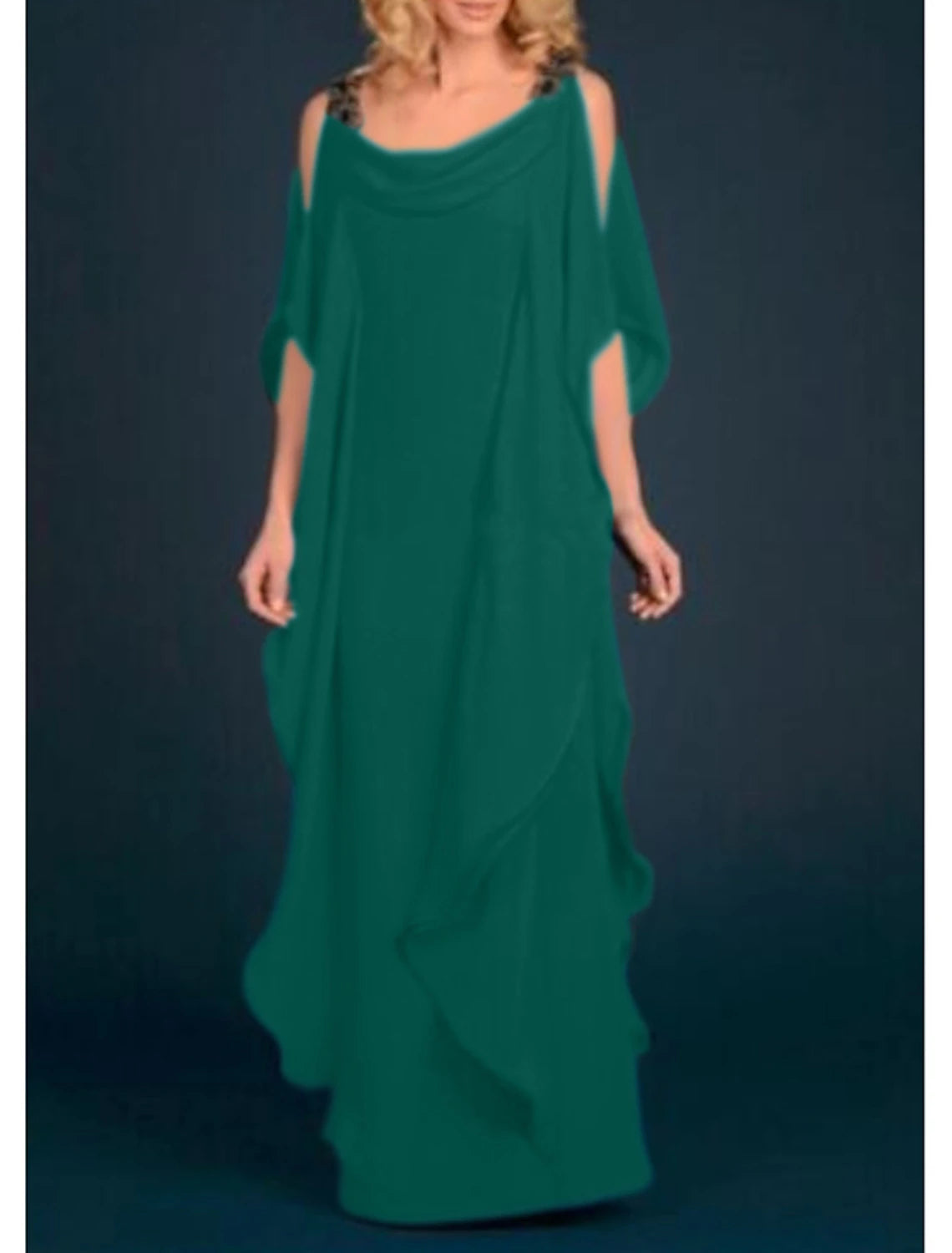 Royal Blue Chiffon A-Line Floor-Length Evening Dress with Cowl Neck & Cold Shoulder Sleeves