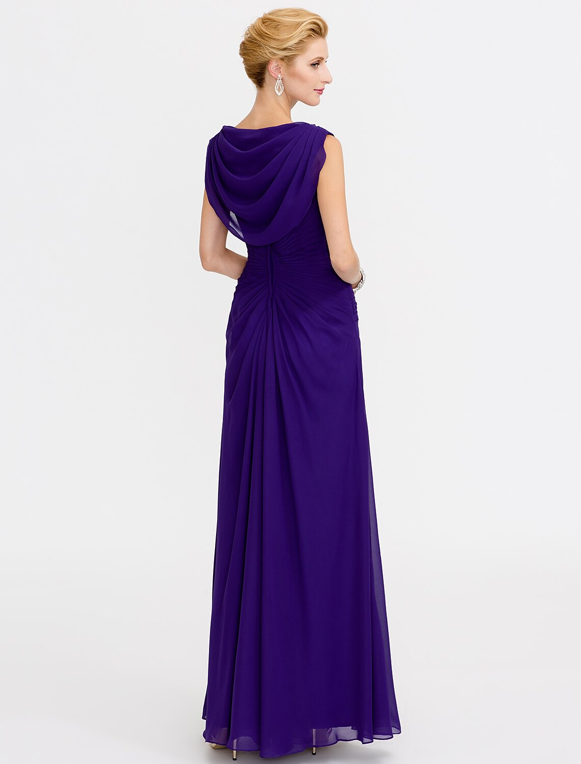 Vestido de madre de la novia con corte tubo/columna, con bloques de color, cordones, cuello vuelto, largo hasta los tobillos, de gasa charmeuse, sin mangas, con cuentas entrecruzadas