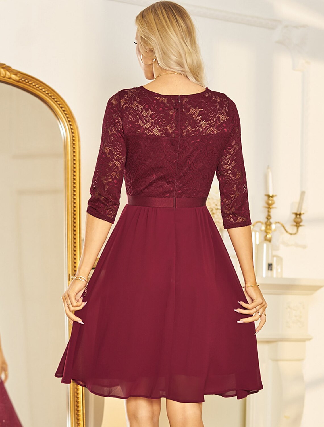 Dark Navy Lace Chiffon Midi A-Line Bridesmaid Dress with V-Neckline & Scalloped Bodice