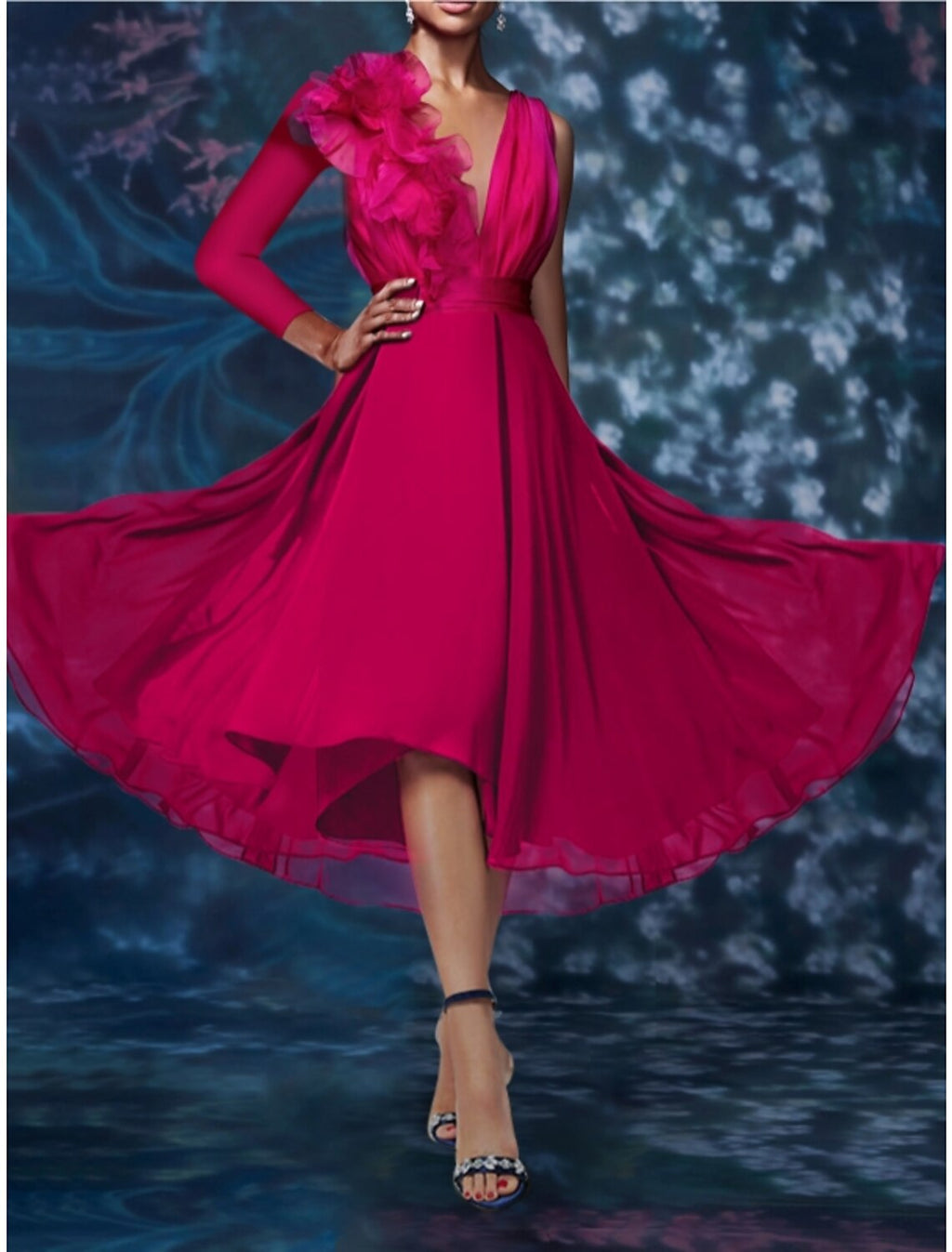 Pink Chiffon A-Line Midi Dress | Ruffled One Shoulder V-Neck