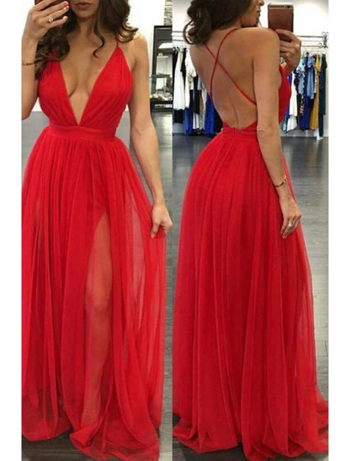 Black Chiffon A-Line Floor-Length Evening Dress with Plunging V-neck