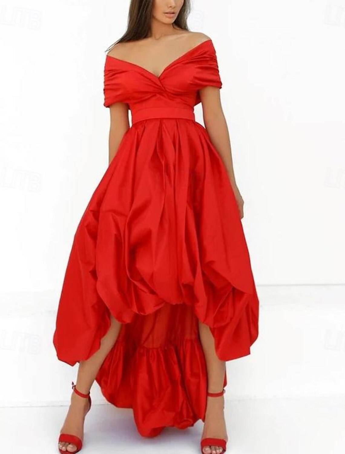 Red Satin Off-the-Shoulder A-Line Asymmetrical Evening Dress