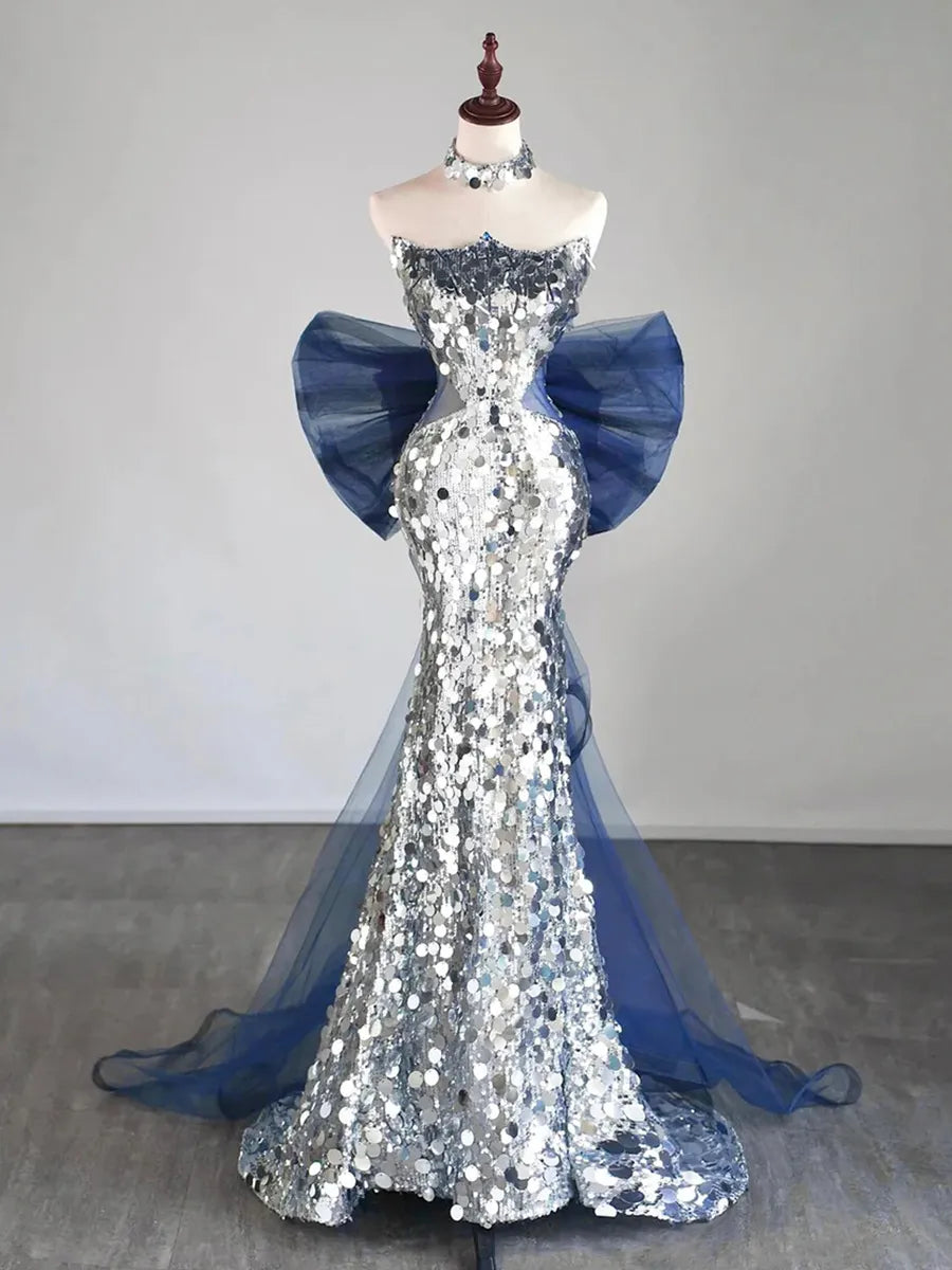 Silver Blue Sequin Tulle Mermaid Strapless Floor-Length Dress - Jimiss