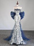 Silver Blue Sequin Tulle Mermaid Strapless Floor-Length Dress - Jimiss