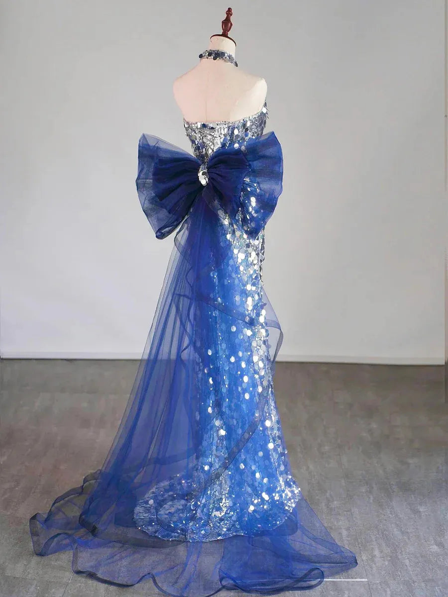 Silver Blue Sequin Tulle Mermaid Strapless Floor-Length Dress - Jimiss