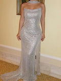 Silver Glitter Fabric Sheath Column Straight Across Open Back Floor Length Dress Front View - Jimiss