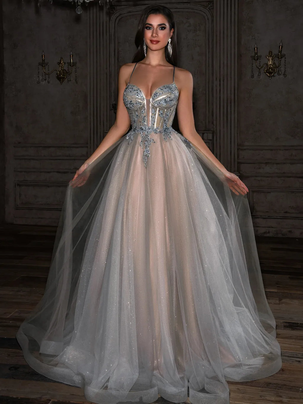 Silver Glitter Tulle A-Line Sweetheart Lace-up Floor-Length Dress - Jimiss