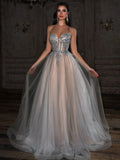 Silver Glitter Tulle A-Line Sweetheart Lace-up Floor-Length Dress - Jimiss