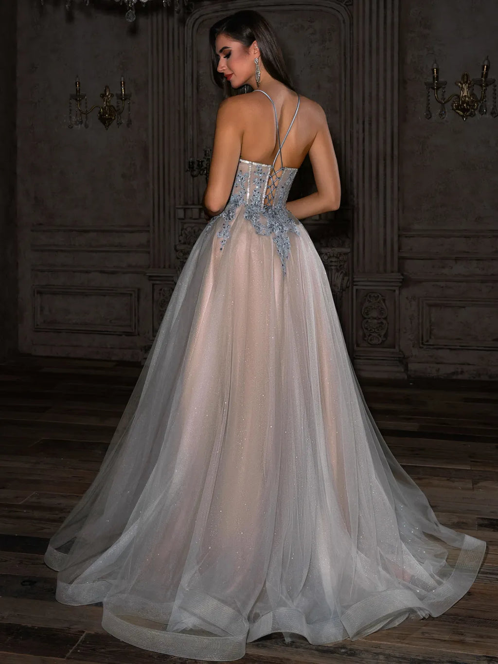 Silver Glitter Tulle A-Line Sweetheart Lace-up Floor-Length Dress - Jimiss