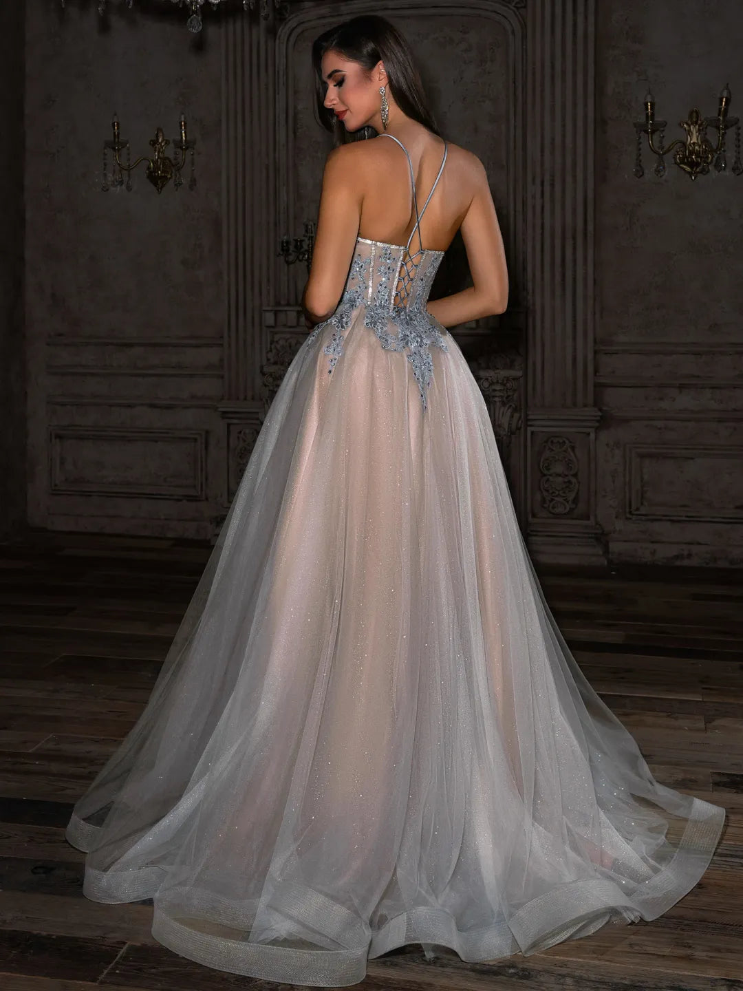 Silver Glitter Tulle A-Line Sweetheart Lace-up Floor-Length Dress - Jimiss