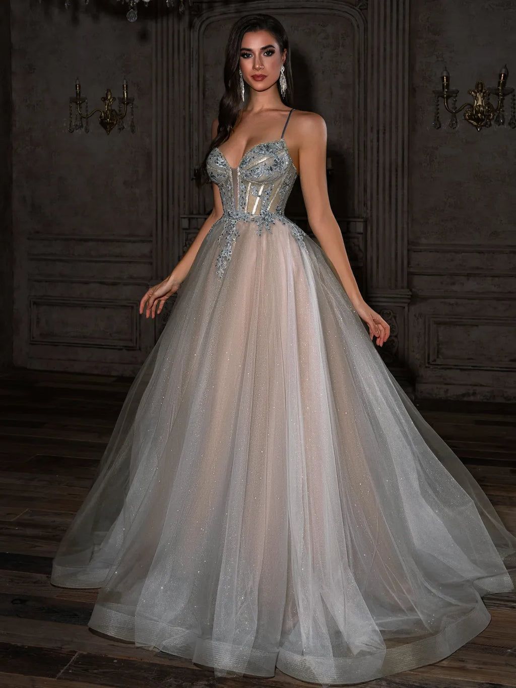 Silver Glitter Tulle A-Line Sweetheart Lace-up Floor-Length Dress - Jimiss