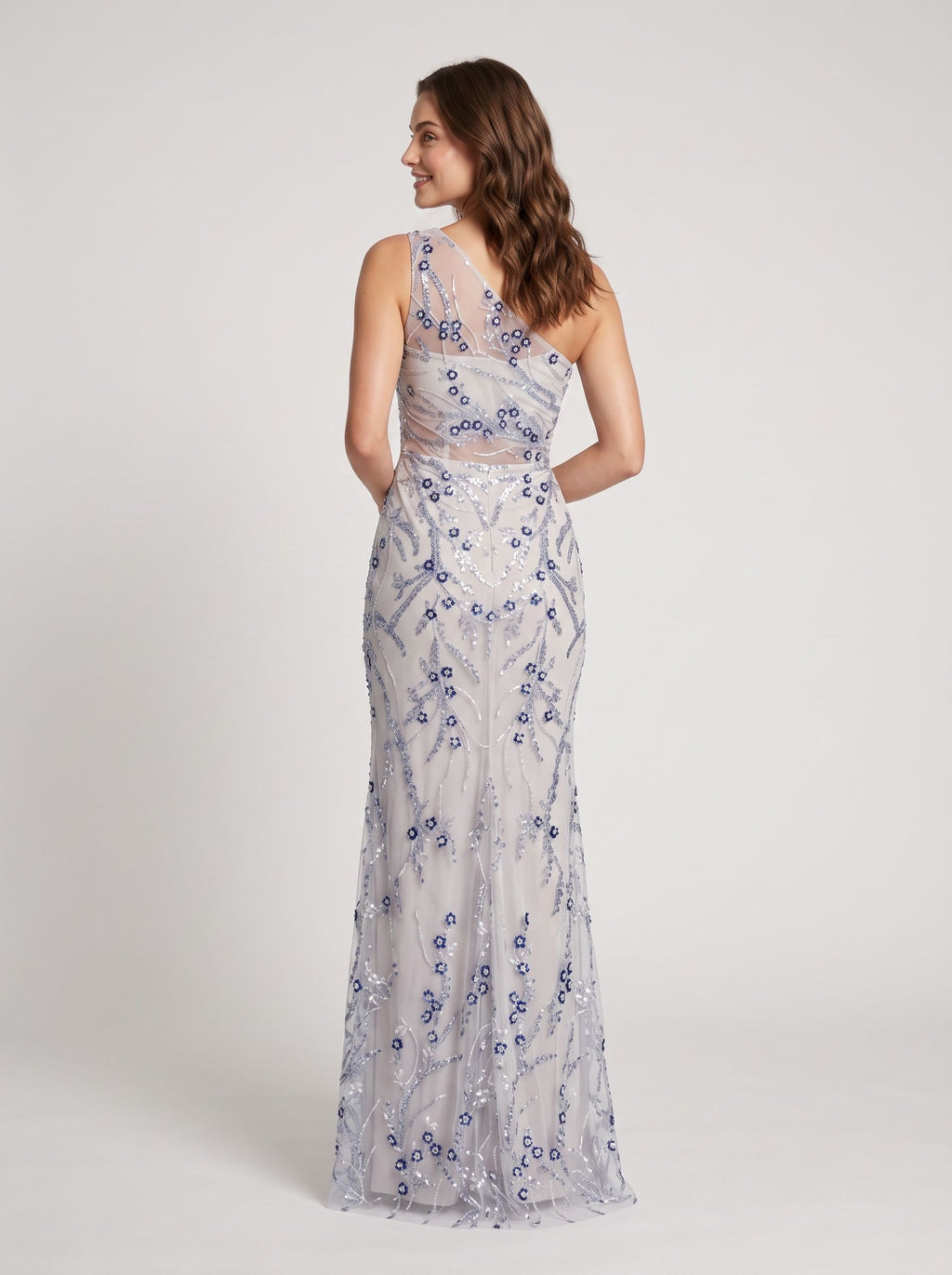 Silver Mesh with Sequins sheath-column one-shoulder floor-length Dress Back View - Jimiss