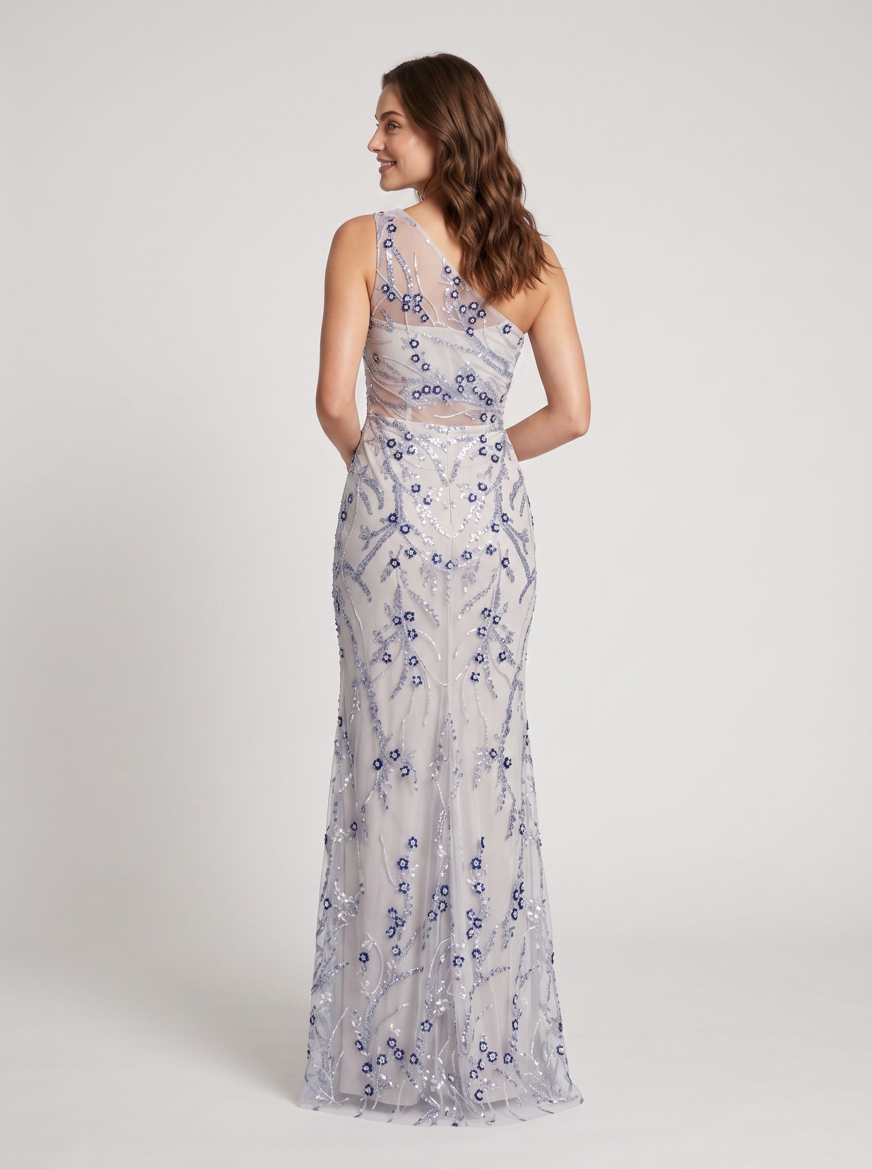 Silver Mesh with Sequins sheath-column one-shoulder floor-length Dress Back View - Jimiss