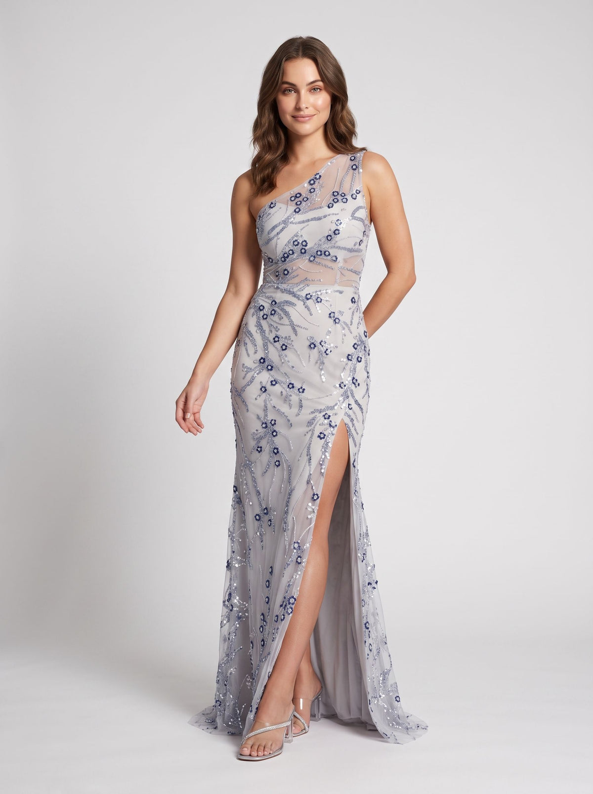 Silver Mesh with Sequins sheath-column one-shoulder floor-length Dress Front View - Jimiss