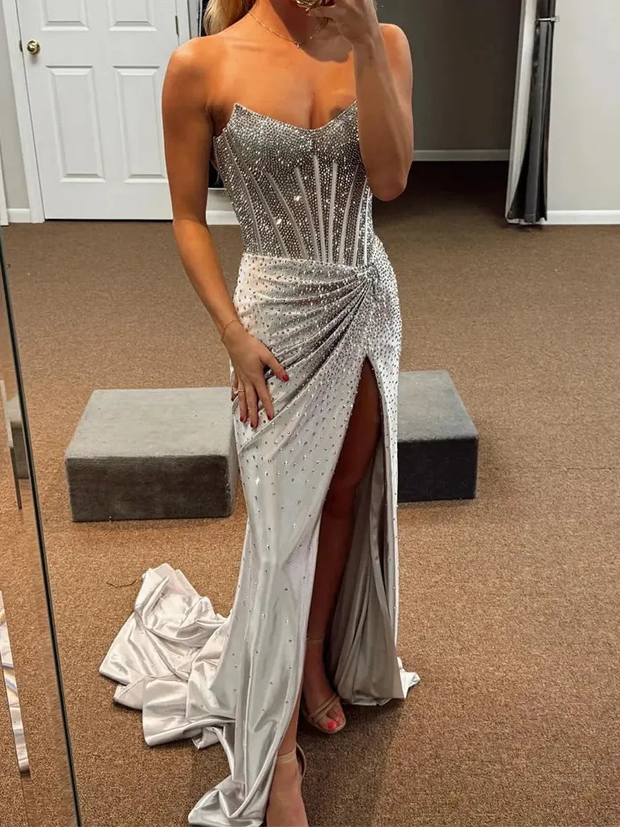 Silver Satin Sheath-Column Sweetheart Low-Back Floor-Length Dress Front View - Jimiss