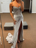 Silver Satin Sheath-Column Sweetheart Low-Back Floor-Length Dress Front View - Jimiss
