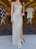 Silver Sequin Sheath/column Plunging V-Neck Lace-up Floor-Length Dress - Jimiss
