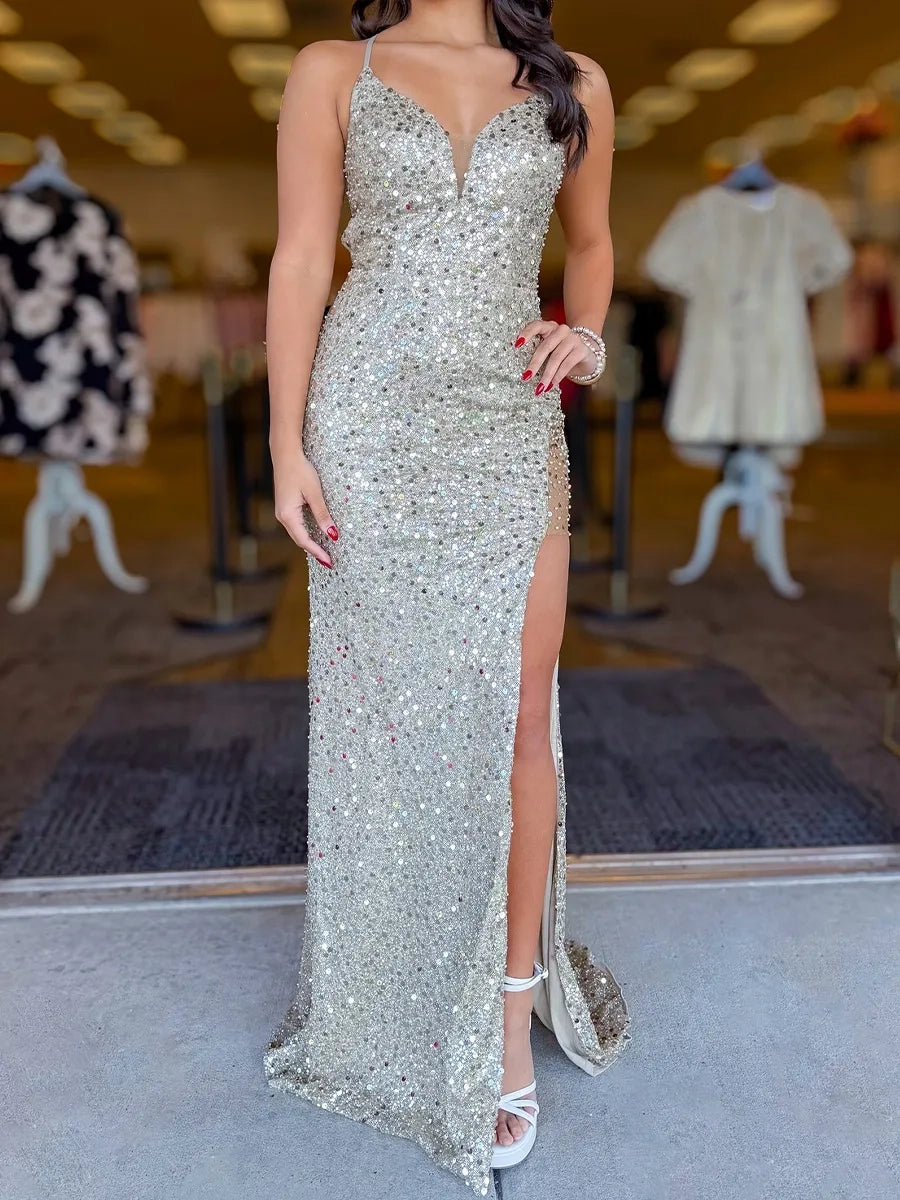 Silver Sequin Sheath/column Plunging V-Neck Lace-up Floor-Length Dress - Jimiss